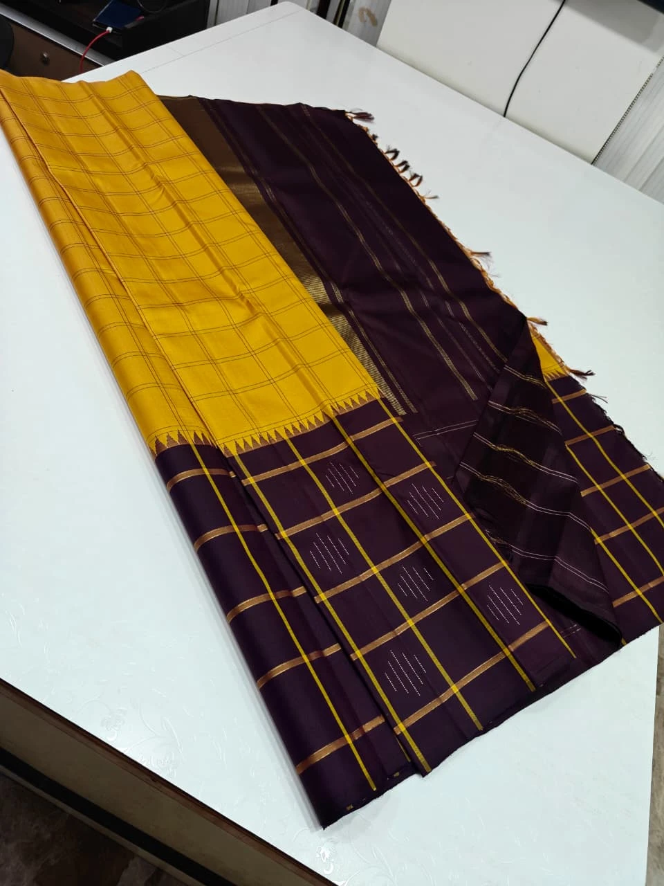 Yellow & Black Temple Border Saree